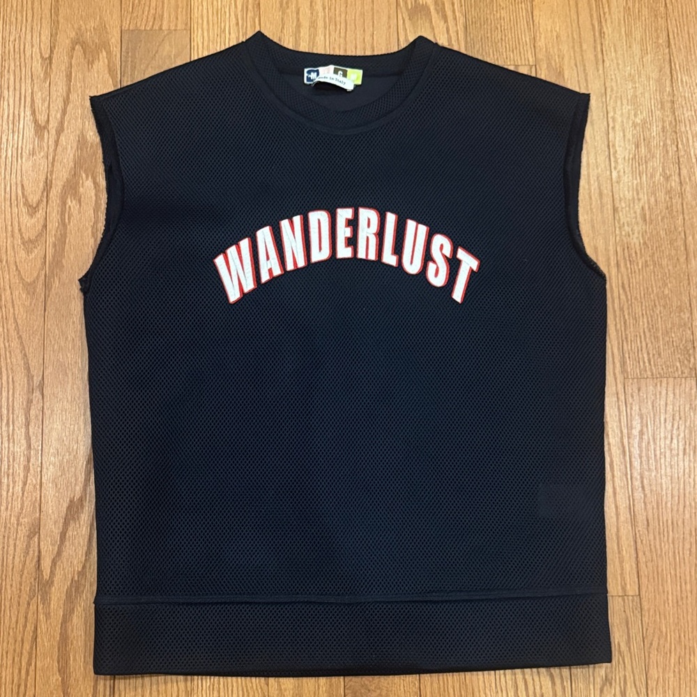 MSGM navy mesh Tank Top with Red and White 'Wanderlust'